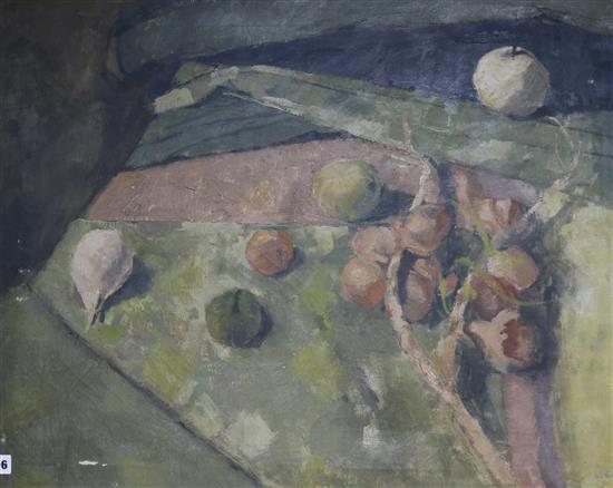 Modern British, oil on canvas, still life of fruit and onions on a table top, 61 x 76cm, unframed
